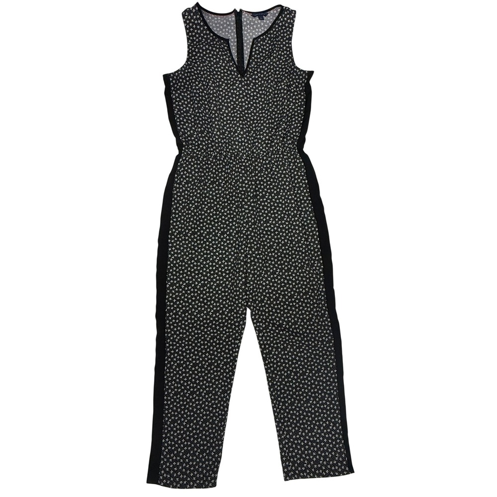 Tommy Hilfiger Womens Black White Floral Sleeveless Jumpsuit Size 10 Tapered Leg